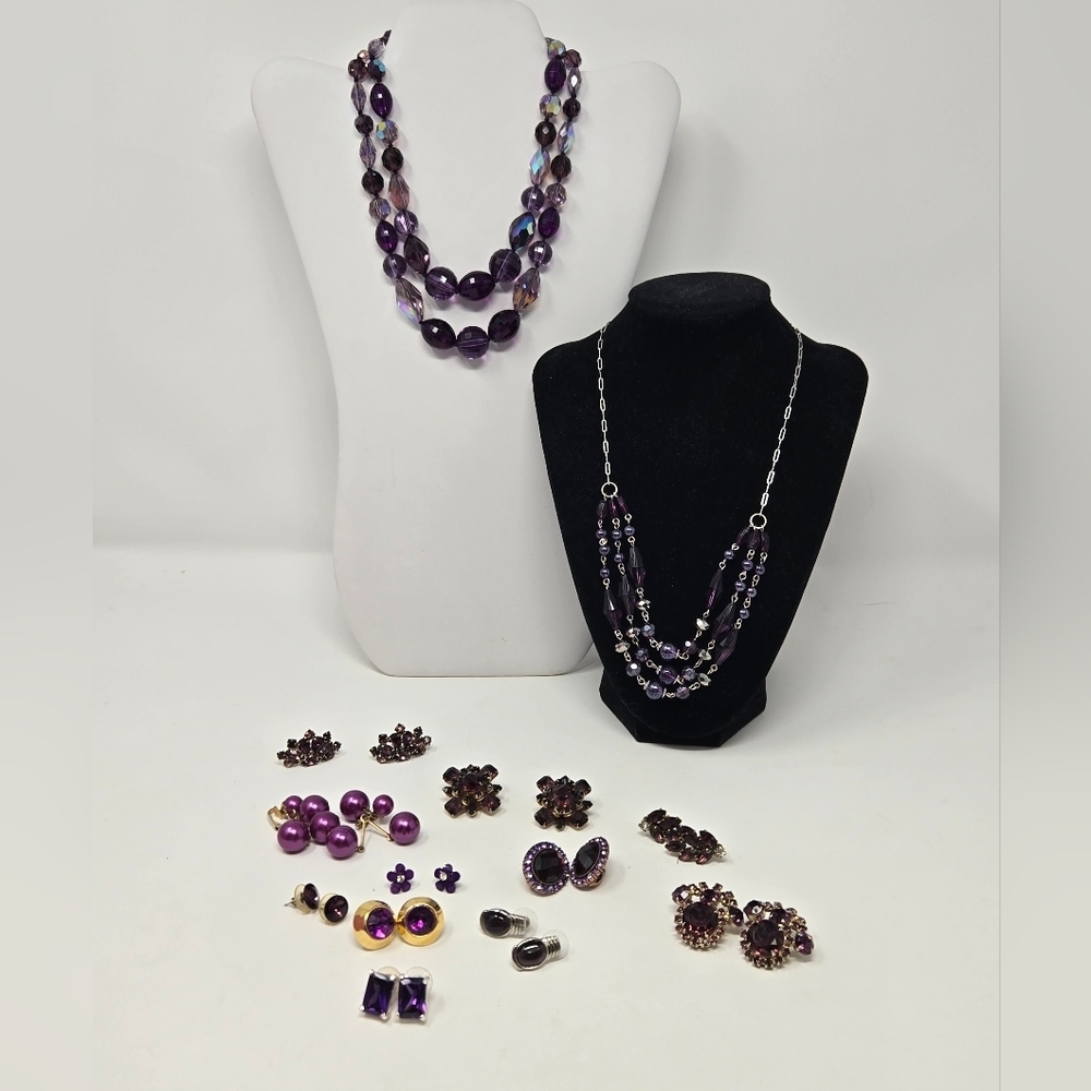 VINTAGE TO NOW PURPLE JEWELRY BUNDLE LOT OF 13 NECKLACE EARRINGS WOMEN JEWELRY